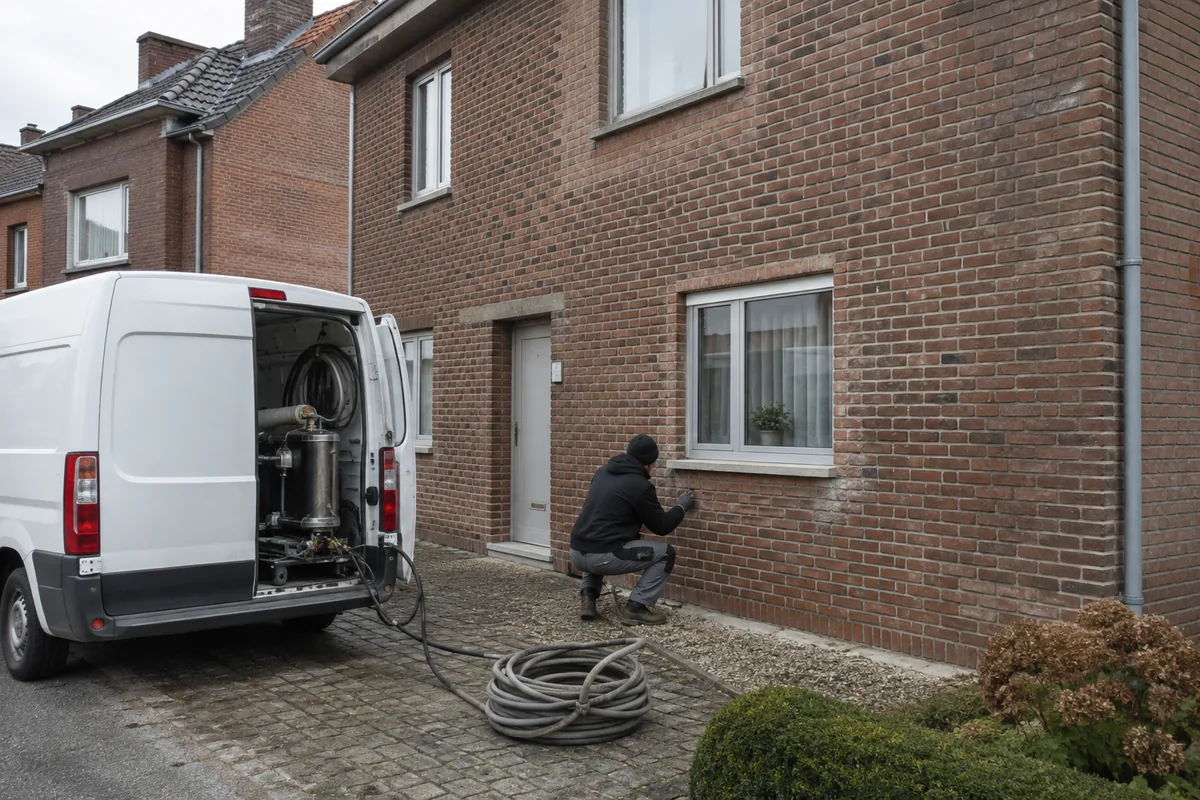 Illustratief beeld van een ongebouwde bestelwagen en een technicus bij een Belgische baksteengevel