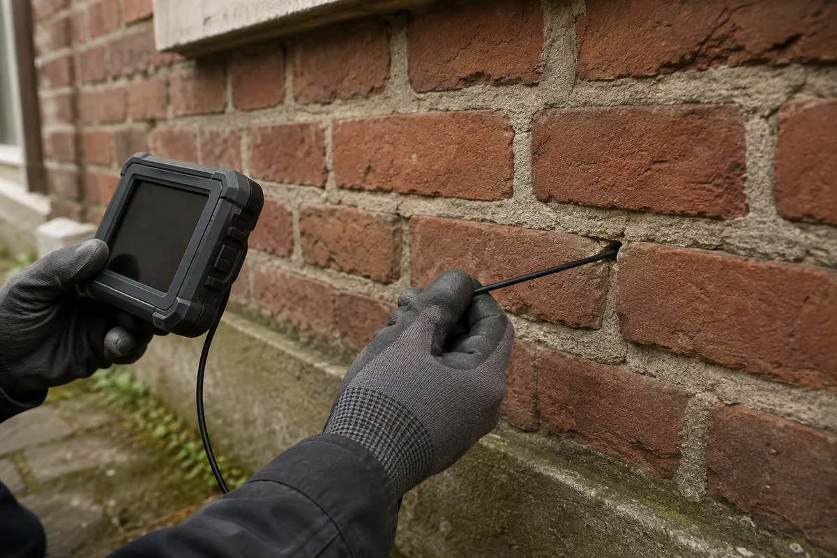 AI-illustratie van een inspectiecamera die via een voegopening in een gemetselde spouwmuur wordt gebracht.