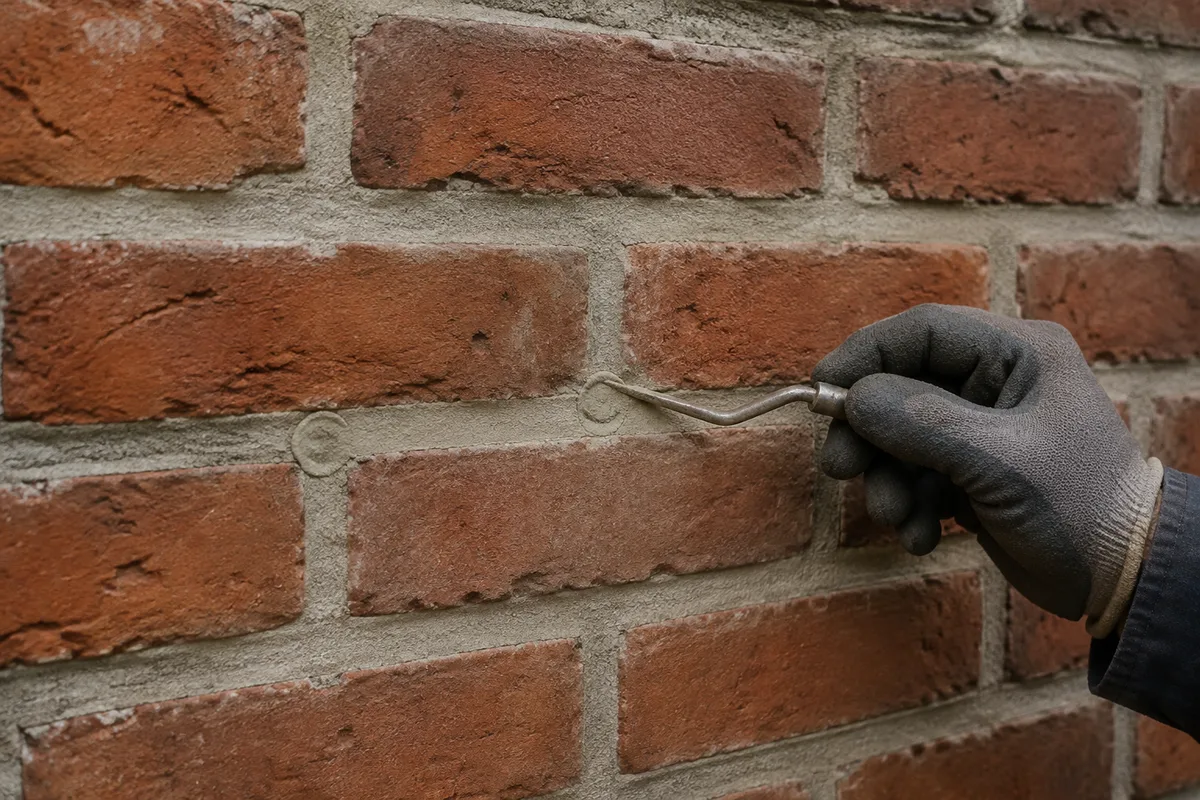 AI-illustratie van een gehandschoende hand die een gevulde opening in het voegwerk van een bakstenen muur afwerkt.