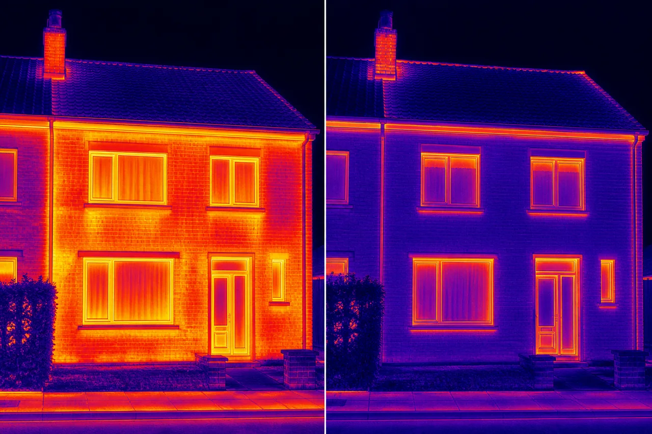 Illustratief warmtebeeld van dezelfde woning vóór en na spouwmuurisolatie